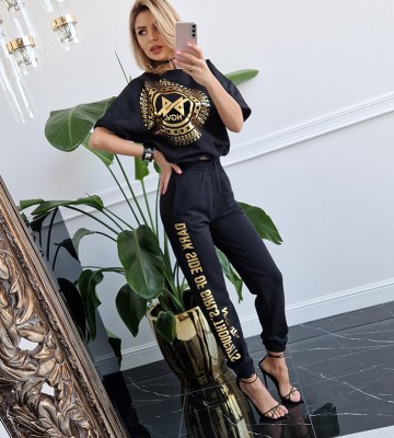  Czarne Dresowe Spodnie z Wyższym Stanem Logo premiummoda madeinpoland nadruk live
