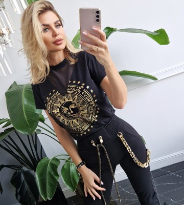  Czarny T-shirt Z Siatką Złoto Dzień/Noc... bawelna swobodne sciagacze blyszczace krotkirekaw zdobienia napisy madeinpoland premiummoda zloto