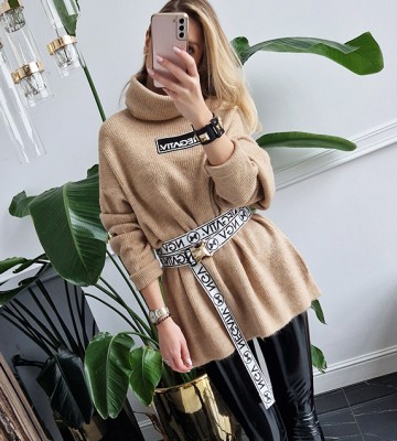  Sweter Oversize z Szalowym Golfem z Logo... dzianina welna zdobienia napisy pasek madeinpoland premiummoda