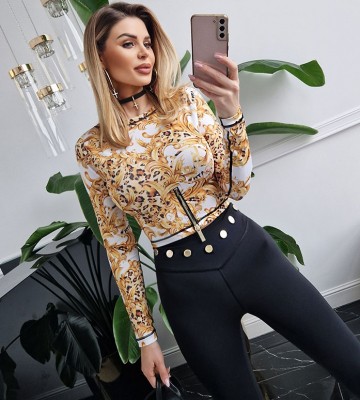 Top Modelujący z Suwakiem+ Print Autograf... dopasowane dzianina zdobienia suwaki madeinpoland premiummoda zloto