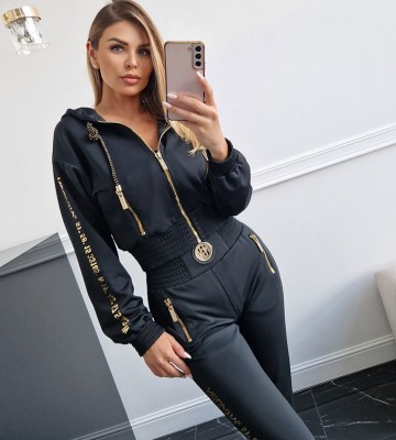 Czarna Bluza z Kapturem Logowana Złotem na... dzianina sciagacze elastyczne lancuchy madeinpoland premiummoda zloto