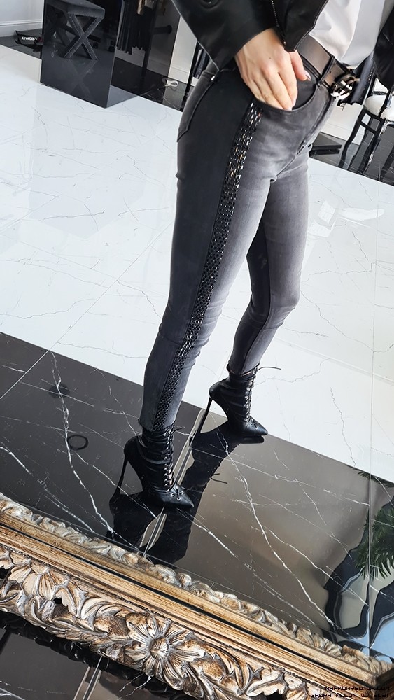 esparanto pants/trousers jeans dopasowane pasek elastyczne krysztaly zdobienia madeineu srebro