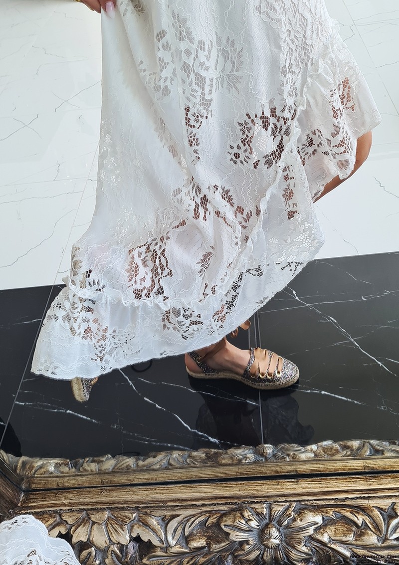 azara paris šaty nakostium hiszpanka koronka sznurowany azurowe elastyczne asymetryczna dlugirekaw krysztaly zdobienia lurex madeineu zloto