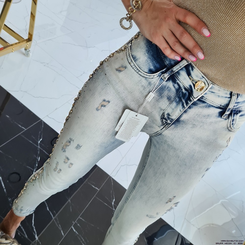 d-she kalhoty jeans elastyczne zdobienia krysztaly nity madeineu premiummoda zloto srebro