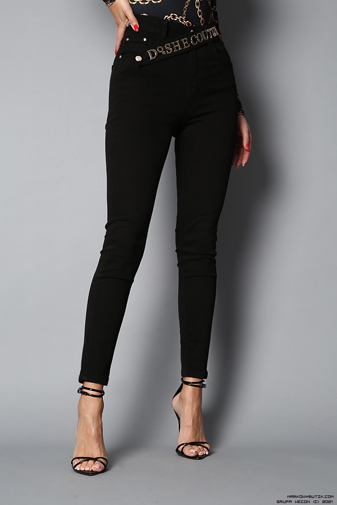 d-she pants/trousers dopasowane jeans elastyczne wysokatalia zdobienia nity napisy madeineu premiummoda zloto