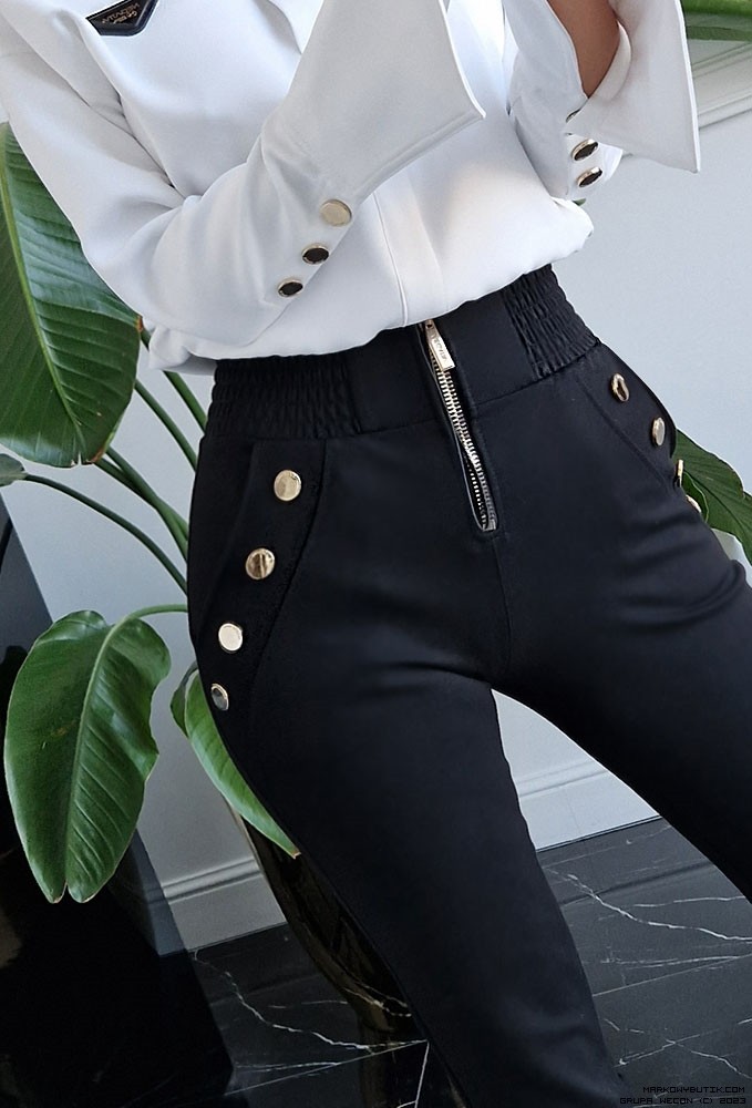 negativ pants/trousers dzianina sciagacze elastyczne wysokatalia zdobienia napy suwaki madeinpoland premiummoda zloto
