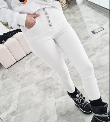 MISS BONBON ** Białe Mocno Elastyczne Kryjące Jeansy Na Guziki jeans madeineu madeinitaly srebro