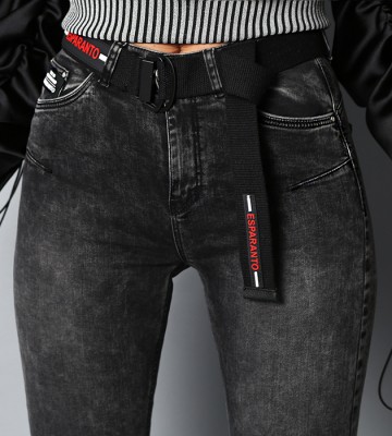 ESPARANTO ** Szary Jeans Przecierane Z Paskiem Półsportowe Slim jeans elastyczne krysztaly zdobienia zloto madeineu