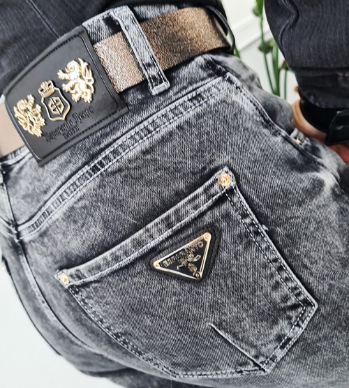 ESPARANTO ** Półsportowe Jeansy Z Paskiem Szarości+Złoto jeans elastyczne zdobienia pasek madeineu srebro