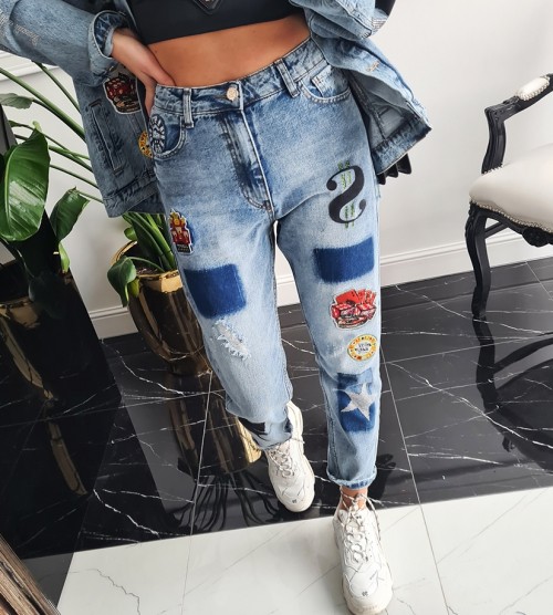 ELISABETTA ZANARDI ** Spodnie jeansowe z naszywkami jeans krysztaly zdobienia haft madeineu premiummoda srebro