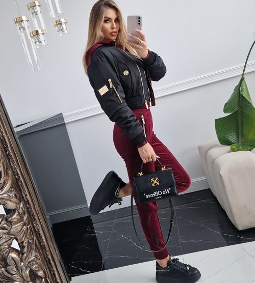 NEGATIV ** Półsportwe Spodnie Velvet Silky+ Przeszycia Bordo swobodne stojka elastyczne kaptur zdobienia napisy madeinpoland premiummoda