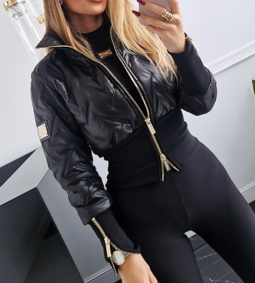 NEGATIV ** Kurtka Pikowana z Modelującym Pasem DROP3 dopasowane ekoskora elastyczne stojka matowe dlugirekaw zdobienia suwaki premiummoda zloto madeinpoland