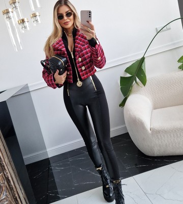 NEGATIV ** Spodnie z Przeszyciami + Suwaki Dzianina/Eko Skóra swobodne modelujace dzianina ekoskora bojowki elastyczne stojka matowe odwazne dlugirekaw drapieznyprint zdobienia suwaki nity napisy madeinpoland premiummoda zloto