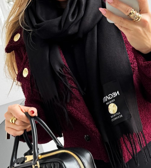 NEGATIV ** Duży Czarny Kaszmirowy Szal Logowany Żakard krysztaly zdobienia nity drapieznyprint madeinpoland premiummoda zloto