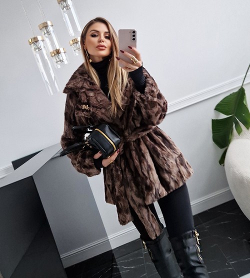 NEGATIV ** Futerko Imitacja Norki Czekoladowej Z Paskiem+ Log swobodne kolnierzyk dlugirekaw madeinpoland premiummoda zloto