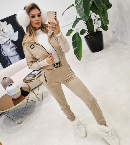 NEGATIV ** Półsportowa Bluza z Kapturem Velvet Silky Beż swobodne stojka elastyczne kaptur zdobienia napisy madeinpoland premiummoda