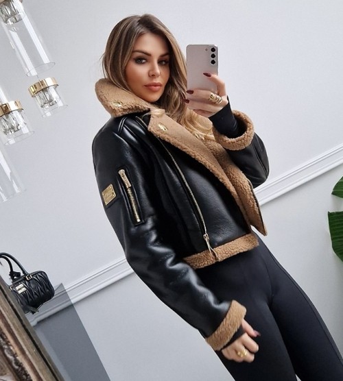NEGATIV ** Kożuszek Czerń;/ Teedy Boucle Karmel+ Złoto/ Logo dopasowane ekoskora zdobienia matowe dlugirekaw suwaki madeinpoland premiummoda zloto