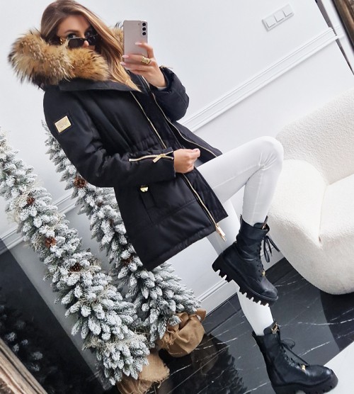 NEGATIV ** Parka Zimowa Ocieplona Z Kapturem i Obszyciem dzianina ortalion sciagacze matowe blyszczace kaptur dlugirekaw zdobienia suwaki madeinpoland premiummoda zloto