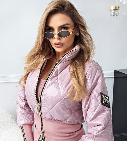 NEGATIV ** Kurtka Pikowana z Modelującym Pasem Przejściowa dopasowane ekoskora elastyczne stojka matowe dlugirekaw zdobienia suwaki premiummoda zloto madeinpoland