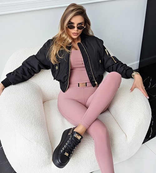 NEGATIV ** Legginsy z Prążkowanej Dzianiny Z Suwakiem Logo dopasowane dzianina zdobienia suwaki madeinpoland premiummoda zloto