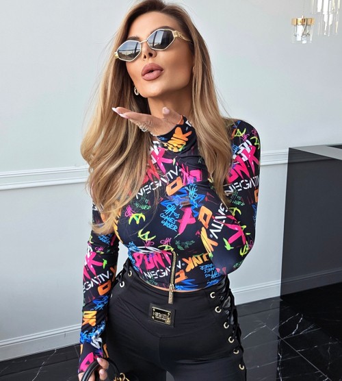 NEGATIV ** Top Modelujący z Suwakiem+ Print PUNK2 Neony dopasowane dzianina zdobienia suwaki madeinpoland premiummoda zloto