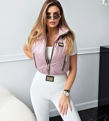 NEGATIV ** Pikowana Kamizelka w Różu Złote Suwaki Stopery swobodne blyszczace suwaki haft pikowane kaptur premiummoda madeinpoland zloto