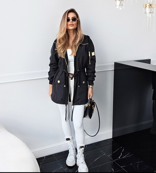 NEGATIV ** Parka Ortalionowa w Czerni, Złote Okucia, Kaptur dzianina ortalion sciagacze matowe blyszczace kaptur dlugirekaw zdobienia suwaki madeinpoland premiummoda zloto