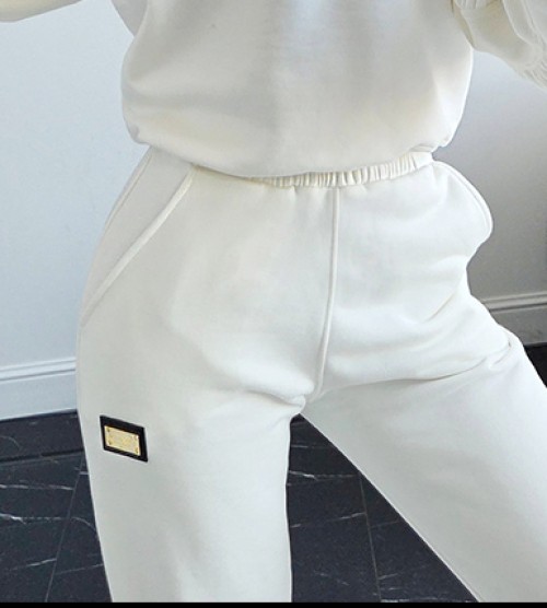 NEGATIV ** Spodnie Z Blaszką/Suwak OFF WHITE Dzianina ALMOND swobodne bawelna kaptur zdobienia napisy madeinpoland premiummoda