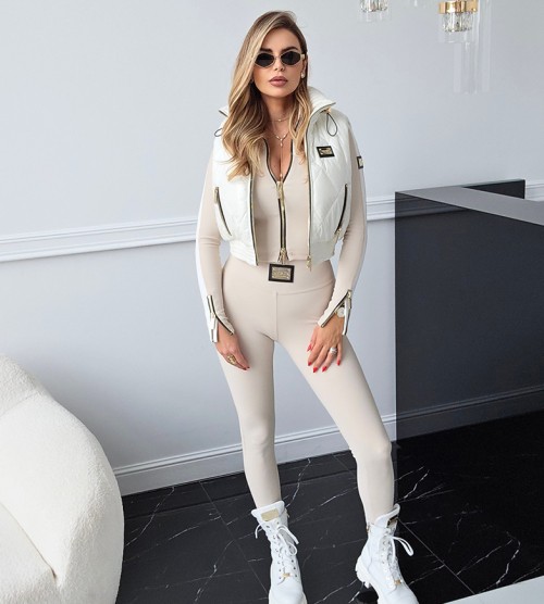 NEGATIV ** Pikowana Kamizelka w Bieli Złote Suwaki Stopery swobodne blyszczace suwaki haft pikowane kaptur premiummoda madeinpoland zloto