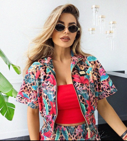 NEGATIV ** Bluza Rozpinana z Krótkim Rękawem+ Mankiet SYCILY dzianina sciagacze elastyczne lancuchy madeinpoland premiummoda zloto