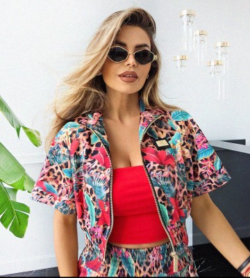 NEGATIV ** Bluza Rozpinana z Krótkim Rękawem+ Mankiet SYCILY dzianina sciagacze elastyczne lancuchy madeinpoland premiummoda zloto