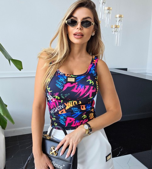 NEGATIV ** Top na Ramiączka z Lamówką+ Logo PUNK dopasowane dzianina zdobienia suwaki madeinpoland premiummoda zloto