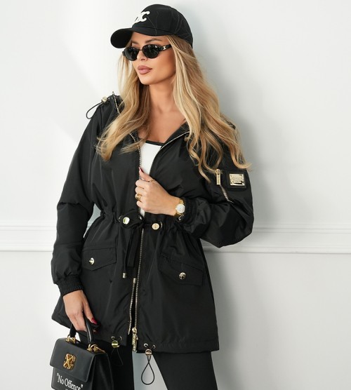 NEGATIV ** Parka Ortalionowa w Czerni, Złote Okucia, Kaptur dzianina ortalion sciagacze matowe blyszczace kaptur dlugirekaw zdobienia suwaki madeinpoland premiummoda zloto