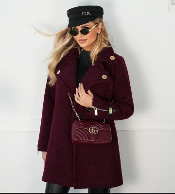 NEGATIV ** Kożuszek BOUCLE TEDDY Z Suwakami+BORDO+ Logo swobodne kolnierzyk dlugirekaw madeinpoland premiummoda zloto