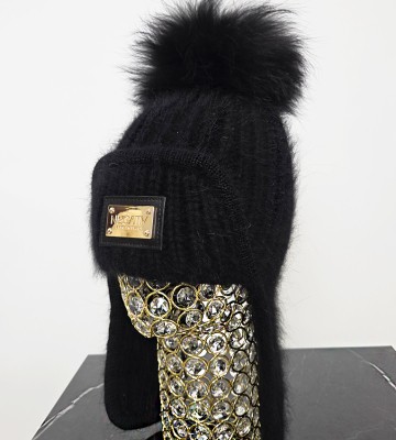 NEGATIV ** Czapka Pilotka Czarna 100% Wełna Angora + Lis welna dopasowane kaszmir