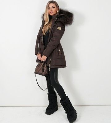 NEGATIV ** Parka Zimowa Ocieplona Z Kapturem i Systemem 3Flex dzianina ortalion sciagacze matowe blyszczace kaptur dlugirekaw zdobienia suwaki madeinpoland premiummoda zloto