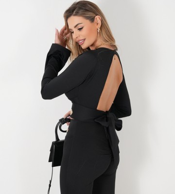 NEGATIV ** Bluzka Freya Czerń Odkryte Plecy Wiązana, Dekolt dopasowane dzianina zdobienia suwaki madeinpoland premiummoda zloto