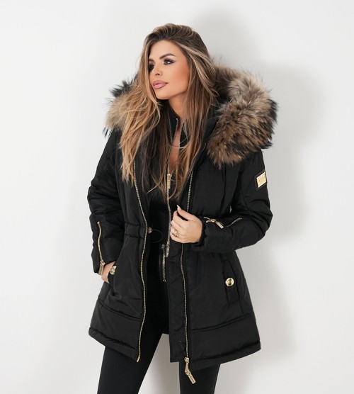 NEGATIV ** Parka Zimowa Ocieplona Z Kapturem i Systemem 3Flex dzianina ortalion sciagacze matowe blyszczace kaptur dlugirekaw zdobienia suwaki madeinpoland premiummoda zloto