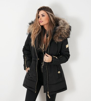 NEGATIV ** Parka Zimowa Ocieplona Z Kapturem i Systemem 3Flex dzianina ortalion sciagacze matowe blyszczace kaptur dlugirekaw zdobienia suwaki madeinpoland premiummoda zloto