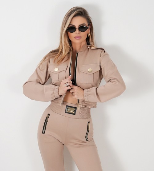 NEGATIV ** Bluza Rozpinana w Formie Bomberki Beżowa swobodne bawelna kaptur zdobienia napisy madeinpoland premiummoda