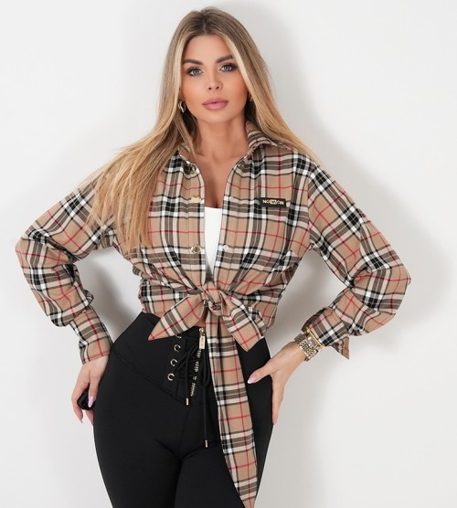 NEGATIV ** Designerska Koszula z wiązaniem w Kratę + Logo swobodne modelujace hiszpanka delikatny zdobienia drapieznyprint madeinpoland premiummoda