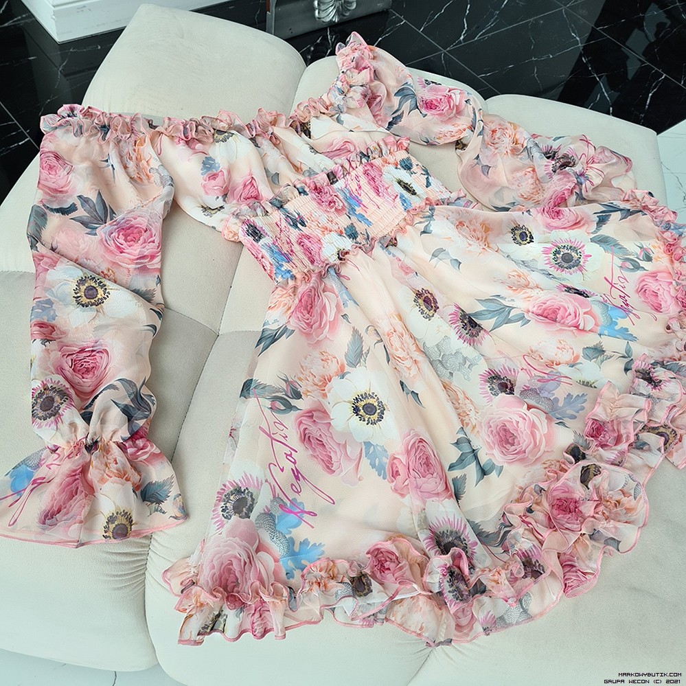 negativ šaty elegancki modelujace jedwab delikatny transparentny rozkloszowana kwiaty madeinpoland premiummoda