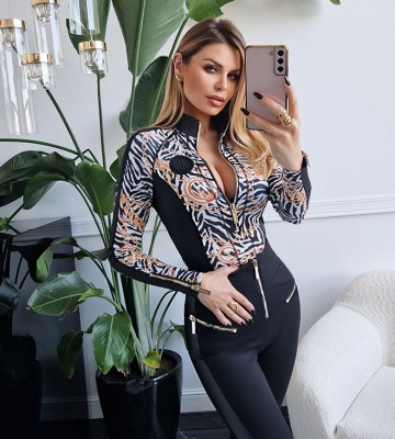 NEGATIV ** Modelujące Body Przeszywane Suwaki Print MALIBU dzianina dopasowane dlugirekaw dekoltcaro glebokidekolt zdobienia madeinpoland premiummoda zloto suwaki