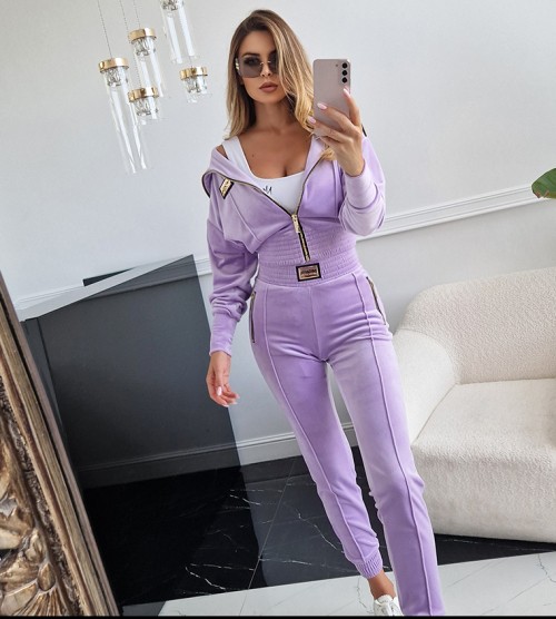 NEGATIV ** Półsportwe Spodnie Velvet Silky+ Przeszycia LILA swobodne stojka elastyczne kaptur zdobienia napisy madeinpoland premiummoda