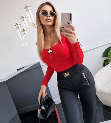 NEGATIV ** Bluzka z Dekoltem Bezszwowym Suwaki Logo na Skórze dopasowane dzianina zdobienia suwaki madeinpoland premiummoda zloto