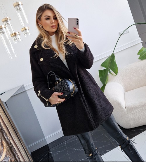 NEGATIV ** Kożuszek BOUCLE TEDDY Z Suwakami+Leopard+ Logo swobodne kolnierzyk dlugirekaw madeinpoland premiummoda zloto