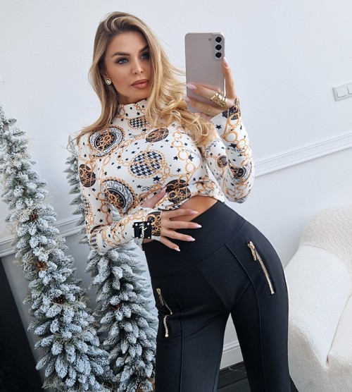 NEGATIV ** Bluzka ze Stójką i Mankietami+ Elastomer COZY dopasowane dzianina zdobienia suwaki madeinpoland premiummoda zloto
