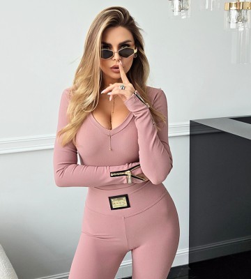 NEGATIV ** Bluzka z Dekoltem V z Suwakami w Rękawie Róż dopasowane dzianina zdobienia suwaki madeinpoland premiummoda zloto