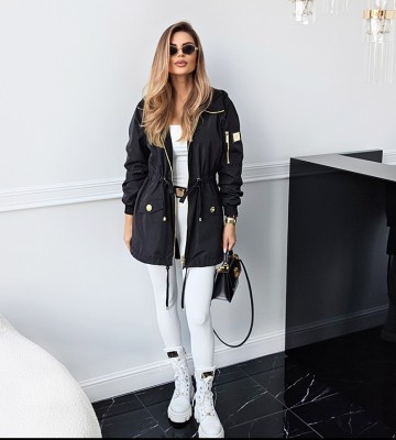 NEGATIV ** Parka Ortalionowa w Czerni, Złote Okucia, Kaptur dzianina ortalion sciagacze matowe blyszczace kaptur dlugirekaw zdobienia suwaki madeinpoland premiummoda zloto