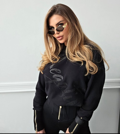 NEGATIV ** Bluza Z Regulacją Długośći Czerń Suwaki Shine swobodne bawelna kaptur zdobienia napisy madeinpoland premiummoda